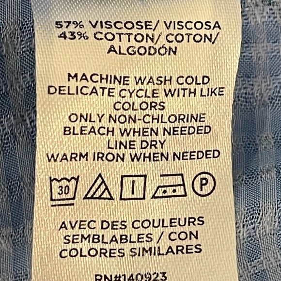 LOFT Petite Garden Ruffle Neck Shirt Dimensions in photos blue black white - Picture 3 of 8